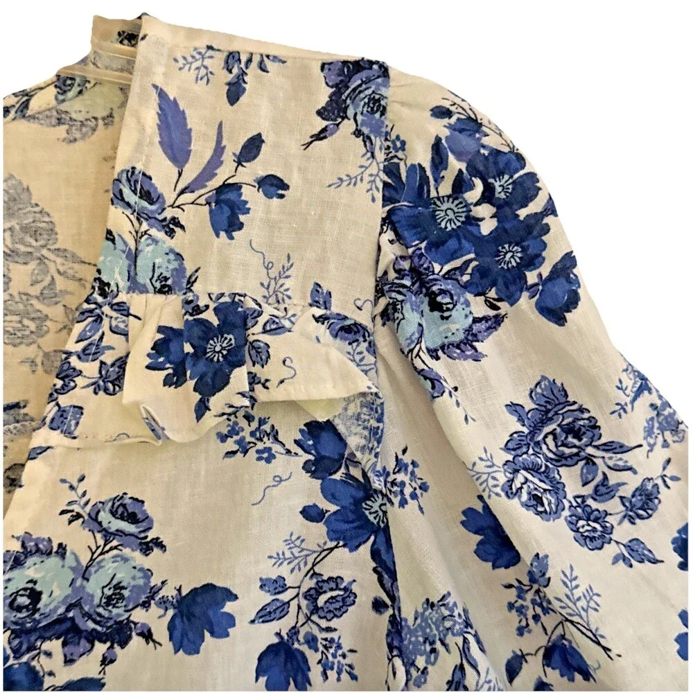 Cupcakes & Cashmere Jerome Cropped Linen Top Womens Sz S Blue Toile Puff Sleeve